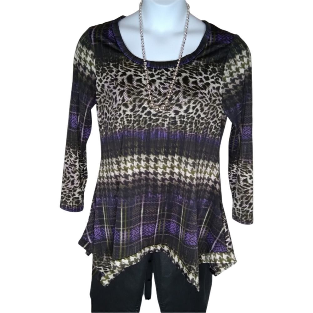 SUNNY LEIGH Petite HANKY HEM TUNIC Mixed Print Jersey Size L